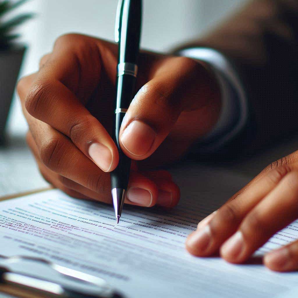 Close up of person's hand holding a pen and filling out a paper application