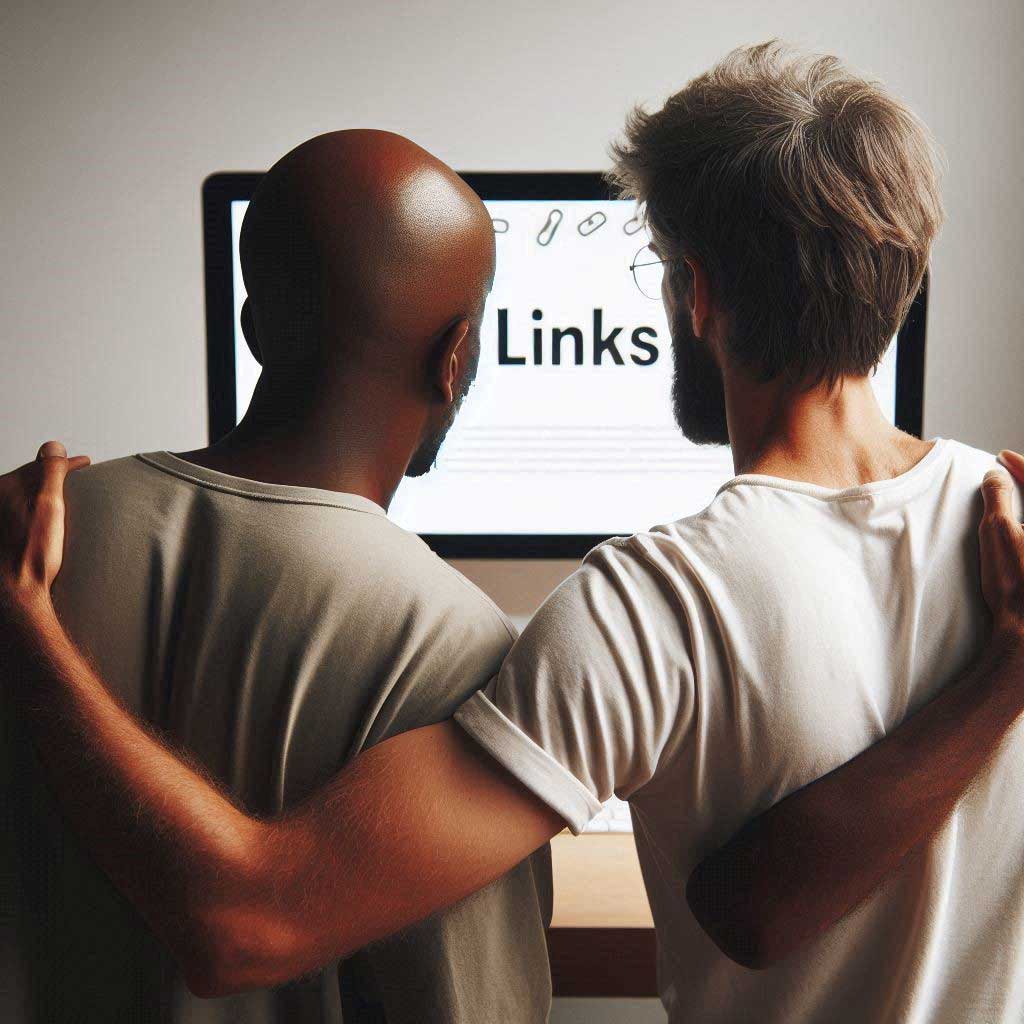 Two men sit closely together with arms over each other's shoulders looking at a computer screen with the word 