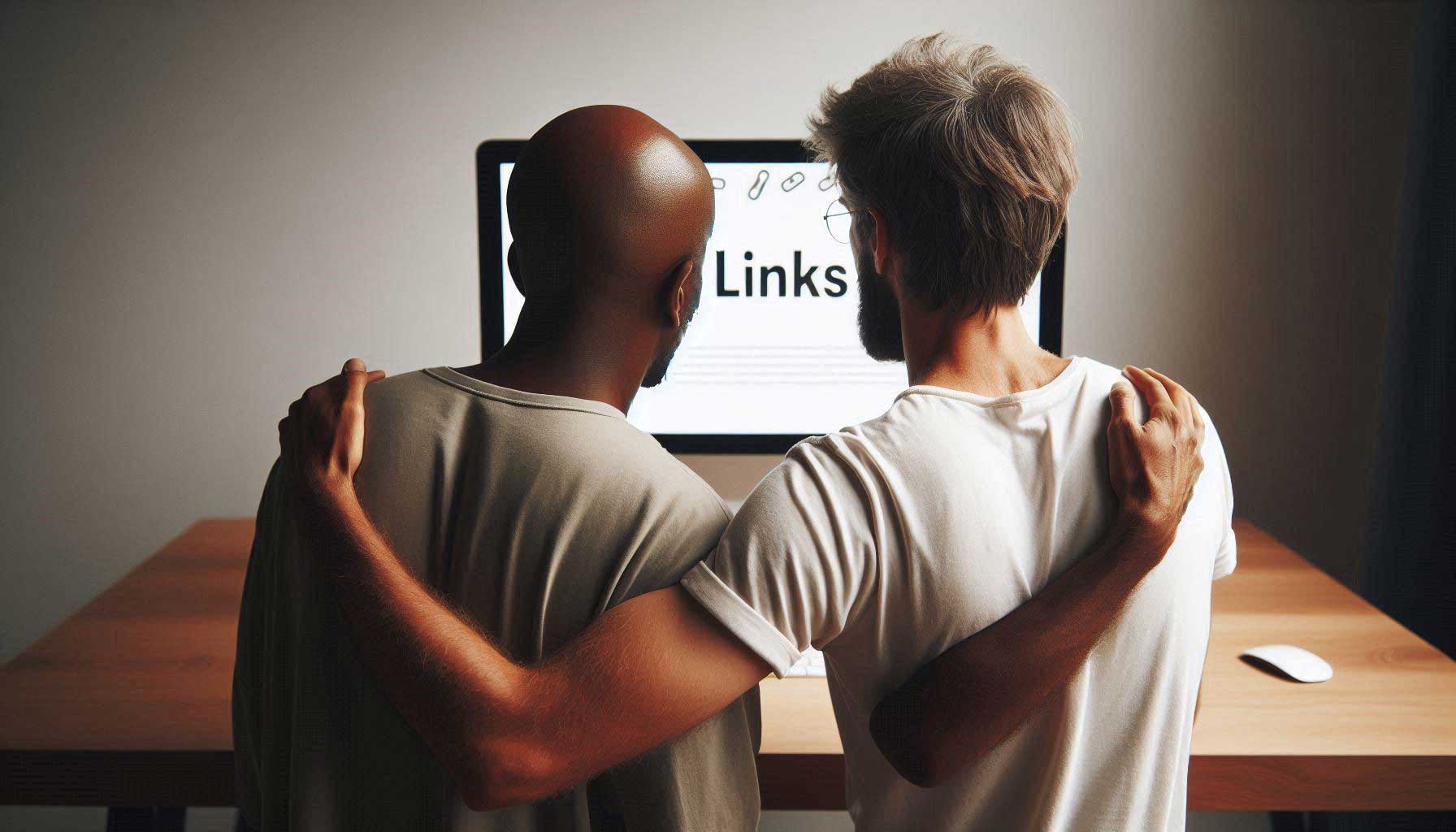 Two men sit closely together with arms over each other's shoulders looking at a computer screen with the word 