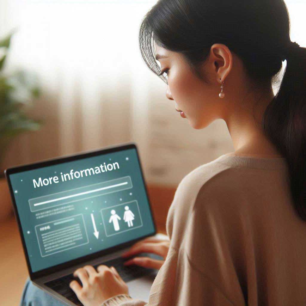 Woman sits with a laptop on her knees typing. There is a website on the screen with the words 