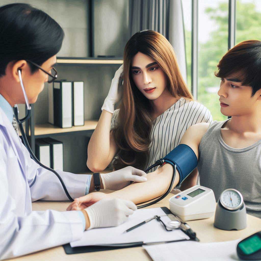 A man and trans woman sit in a doctor's office while the doctor checks the man's blood pressure