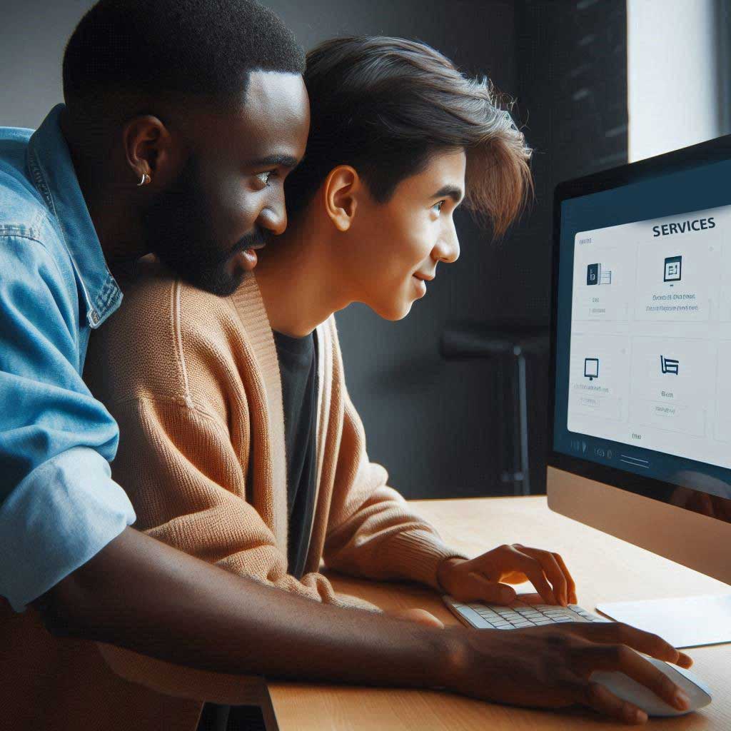 Two men stand close together, almost hugging, and lean over to work on a computer together. On the monitor is a website with the word SERVICES at the top