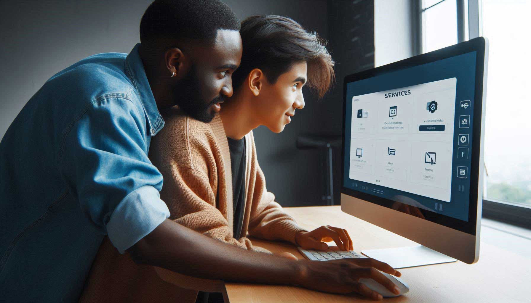 Two men stand close together, almost hugging, and lean over to work on a computer together. On the monitor is a website with the word SERVICES at the top