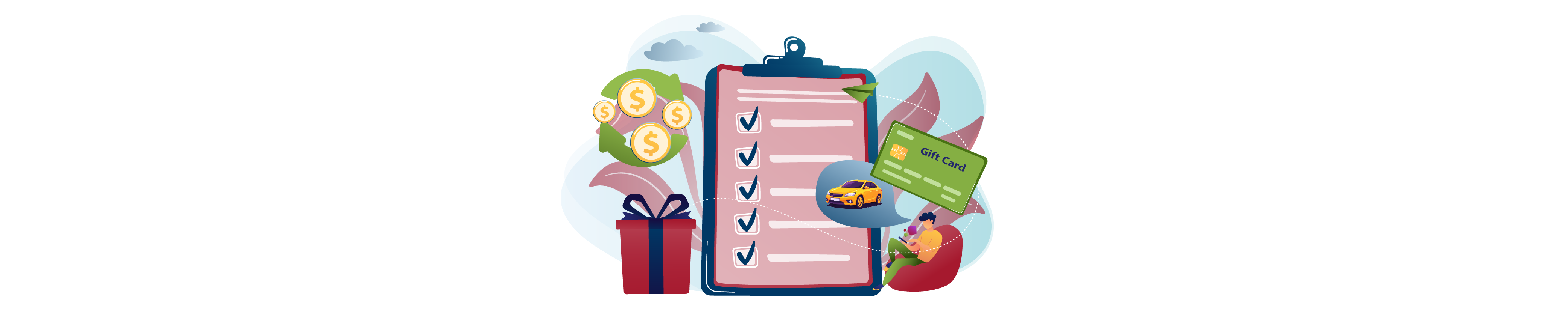 A grouping of things that might indicate fraud including: a gift card, money, gifts, transportation and blank forms.