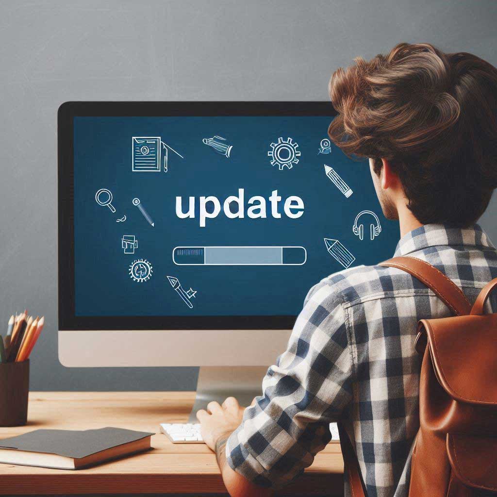 A young man wearing a leather backpack sits working at a computer. On the monitor is the word UPDATE