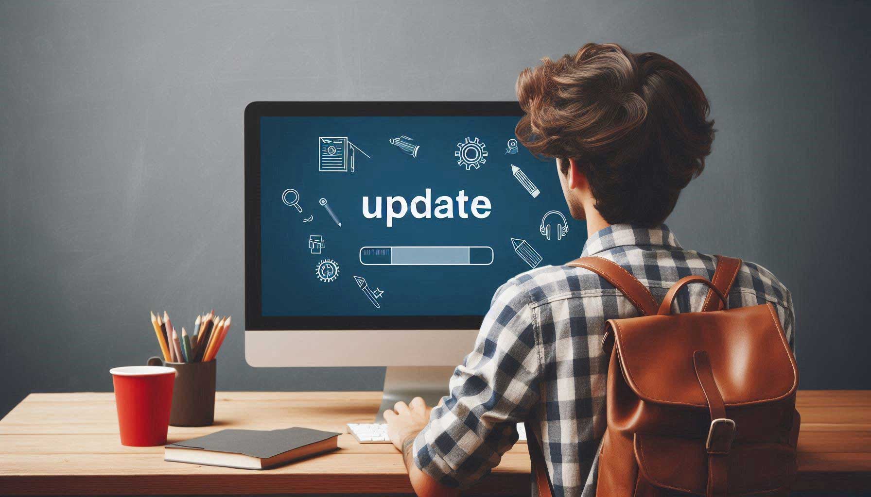 A young man wearing a leather backpack sits working at a computer. On the monitor is the word UPDATE