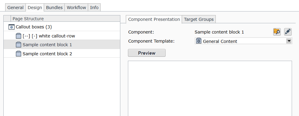 Screenshot of the Tridion page-building interface, showing one flex row configuration component labeled 