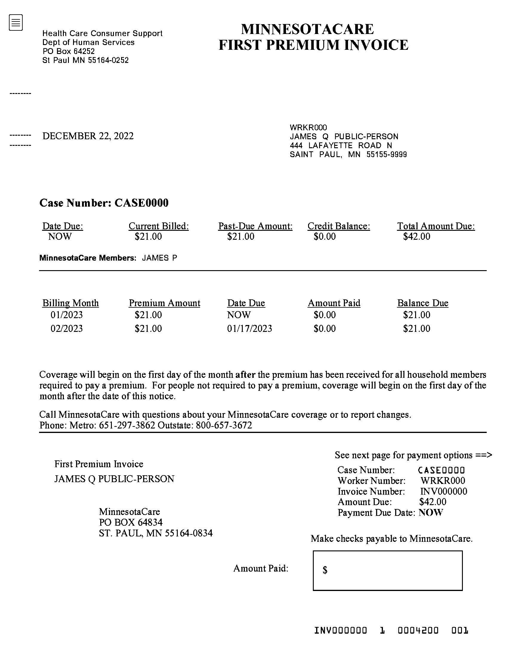 An example first premium invoice