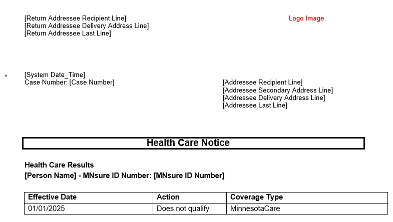 an example of a health care notice that reads 'Approved' in the action column