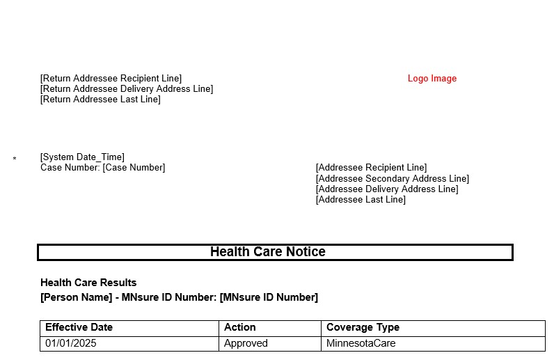 an example of a health care notice that reads 'Approved' in the action column